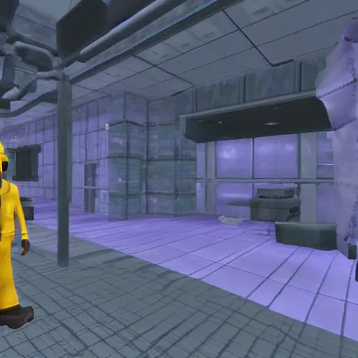 Image similar to waluigi in half life 1 wearing a scientist suit, screenshot from half life 1