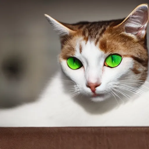 Image similar to [two cat] in the picture [white cat with green eyes] to the left, [black cat with yellow eyes], to the right