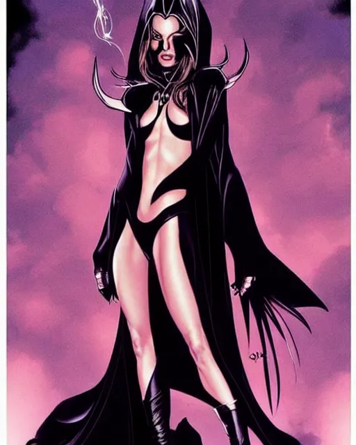 Prompt: style of rob liefeld : : gorgeous willa holland : : evil witch, swirling black magic, black dress : : symmetrical face, symmetrical eyes : : full body pose : : gorgeous black hair : : magic lighting, low spacial lighting : :