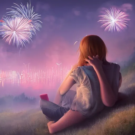 Prompt: girl watching watching fireworks on a hill, digital art, by ben weiner, richard estes, range murata, akiyuki shinbou, yoshitaka amano, wlop, highly detailed, realistic, cinematic, bold colours, dark sky, photorealism, 4 k, wide angle lens, trending on artstation, artgerm