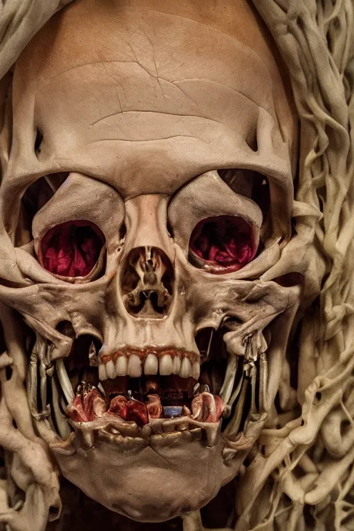 Image similar to close up portrait inside a museum, a room where anatomical body parts are piece of arts by Rob Bottin at night, filth and grim, very detailed, ultra realistic photography 50mm lens, grainy image