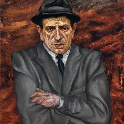 Image similar to Full length portrait of a mafia boss, by Lucian Freud, high textures, empasto paint texture, cinematic, sombre, moody, melancholic, plain background, gray monochromatic pallette, highly realistic, thick brushwork, impressionist brushstrokes