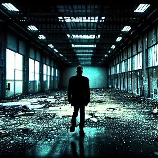 Image similar to runaway replicant standing in a dirty abandoned factory, still from closed circuit tv footage, high angle