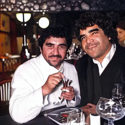 Prompt: professionale photo of Darth Vader having dinner with Diego Armando Maradona at a classy restaurant, night time, intimate atmosphere, intense emotions