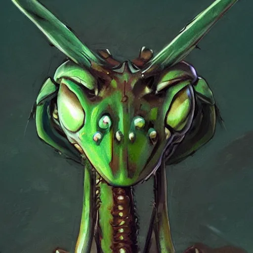 Prompt: portrait of green anthropomorphic mantis religiosa ; hard predatory look ; d & d rogue ; brown colored ; powerful front forelegs holding an enchanted dagger ; flat triangle - shaped head with thin thread - like antennae ; concept art ; artstation ; 8 k ; wallpapers ; heavy contrast ; cinematic art ; cgsociety ; art by greg rutkowski and artgerm