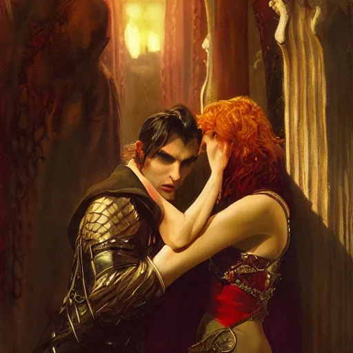 Image similar to attractive male, arthur pendragon confesses his love to attractive male dracula the vampire. highly detailed painting by gaston bussiere, craig mullins, j. c. leyendecker 8 k