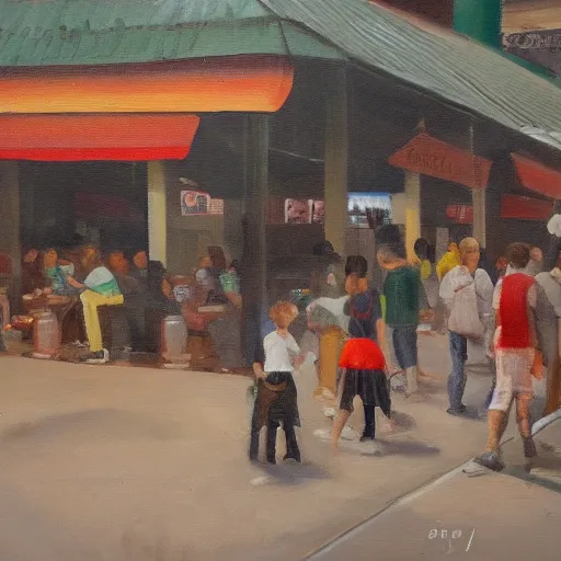 Image similar to an oil painting of a hawker centre