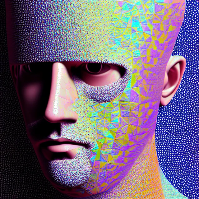 Prompt: a strikingly! beautiful!! portrait of a man wearing a mask made of porcelain tiles in abstract geometric patterns, hyper realism, neural pointillism, octane, cgsociety, 8 k, high gloss ceramic, ethereal, liminal, pastel color palette