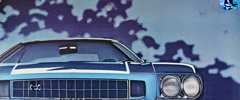 Image similar to denim blue audi camaro b 1 ( 1 9 6 7 ), 8 0 s retro poster, establishing shot