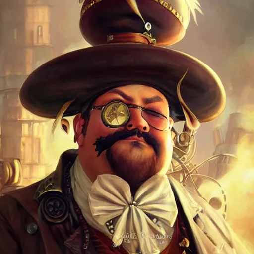 Image similar to steampunk fat pirate chef, highly detailed, digital painting, artstation, concept art, smooth, sharp focus, illustration, ArtStation, art by artgerm and greg rutkowski and Hikari Shimoda and Edmund Blair Leighton and Charlie Bowater