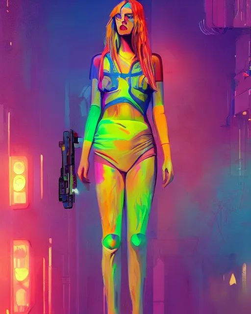 Image similar to colorful full body portrait of a hippie, set in the future 2 1 5 0 | highly detailed | very intricate | symmetrical | professional model | cinematic lighting | award - winning | painted by mandy jurgens and ross tran | pan futurism, dystopian, bold colors, cyberpunk, groovy vibe, anime aesthestic | featured on artstation