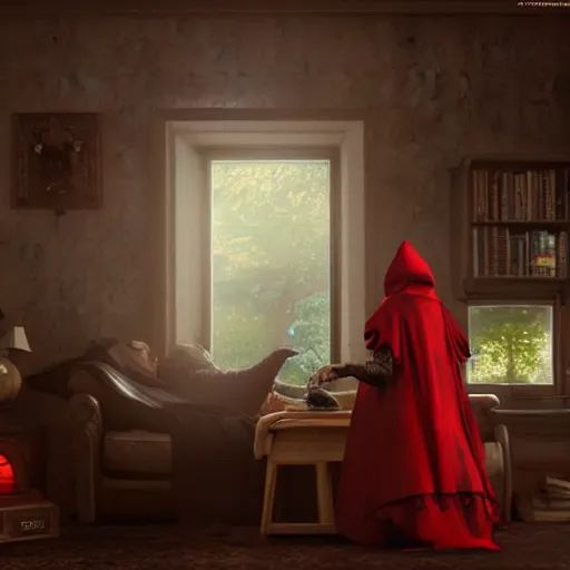 Prompt: werewolf and red riding hood talking in grandma’s living room, 3d scene, render, ultra realistic, zenith view, Greg Rutkowski, artstation, cgsociety, unreal engine, 3d scene, render, ultra realistic