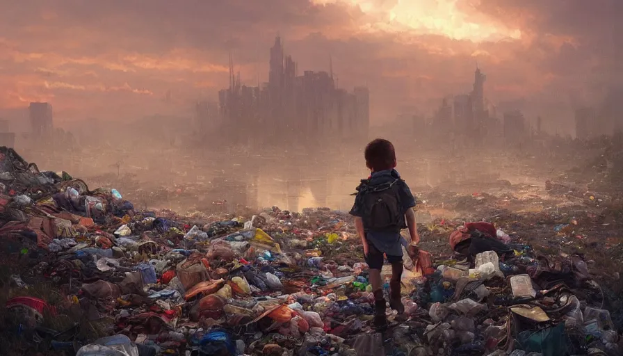 Prompt: poor detailed child with backpack looking for food at garbage dump, city is pure wasteland, moody sunset in background, greg rutkowski, alphonse mucha, trending on artstation, artgerm, unreal engine, breathtaking, award winning, highly detailed