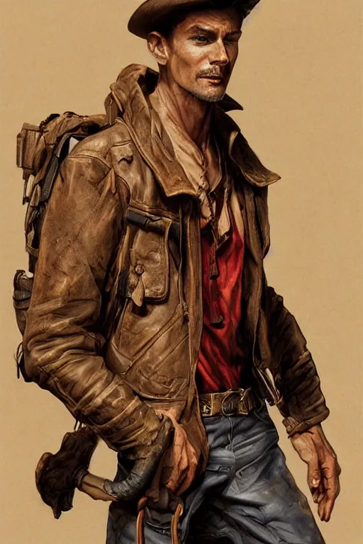 Prompt: character design, portrait of a gaunt 40's adventurer, unshaven, optimistic, stained dirty clothing, straw hat, riding boots, red t-shirt, dusty rown bomber leather jacket, concept art, photorealistic, hyperdetailed, 3d rendering! , art by Leyendecker and frazetta!,