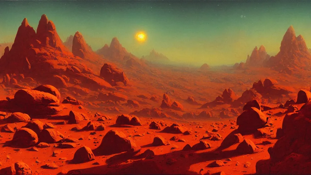 Image similar to mars empire of the mountains by paul lehr and john schoenherr, cinematic matte painting