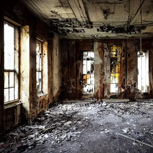 Abandoned building interior, dimly lit | Stable Diffusion