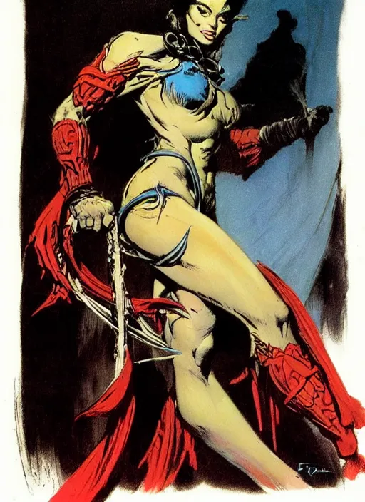 Image similar to female vetala, strong line, deep color, beautiful! coherent! by frank frazetta, high contrast