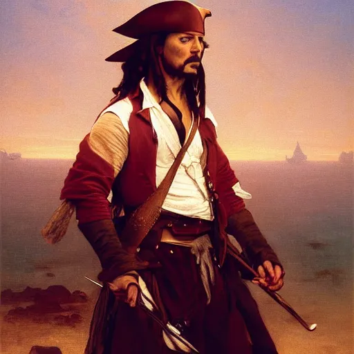 Prompt: Painting of Hugh Jackman as Jack Sparrow. Art by william adolphe bouguereau. During golden hour. Extremely detailed. Beautiful. 4K. Award winning.