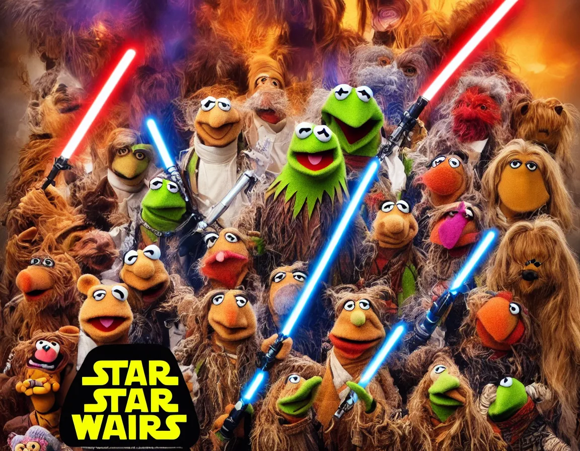 Image similar to animal from the muppets dressed as a jedi, star wars, movie poster, hyper-realistic, 4k