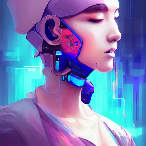 Prompt: a digital painting of a woman with her eyes closed, cyberpunk art by james jean, cgsociety, retrofuturism, anime aesthetic, chromatic, iridescent