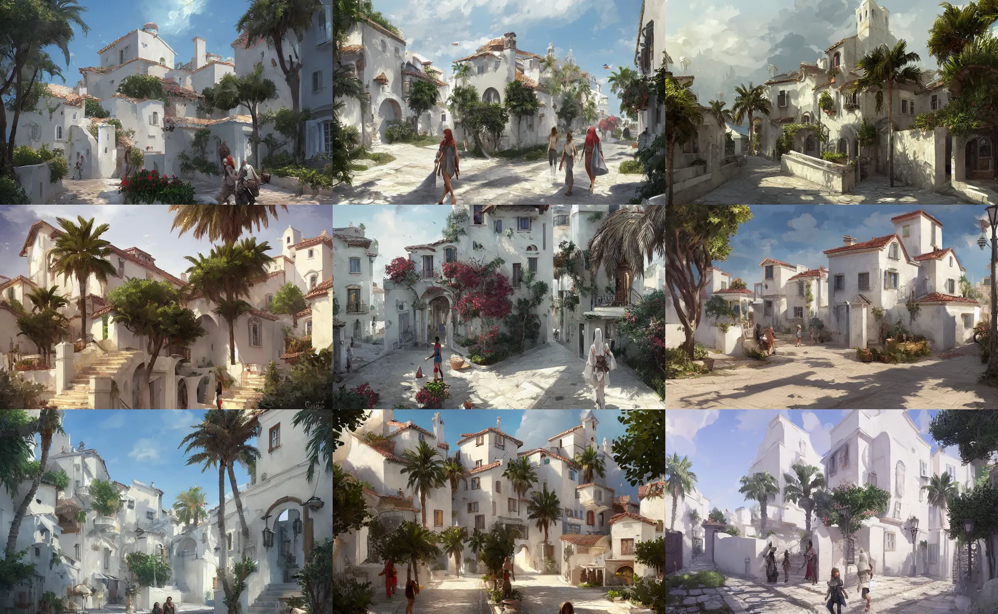 Prompt: mediterranean village, white houses, street view, digital painting, artstation, concept art, sharp focus, illustration, art by aleksi briclot and greg rutkowski and raphael lacoste