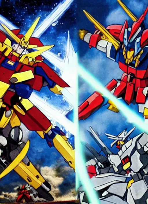 Prompt: Tremendous battle scenes. The mighty God and Gundam. Gundam challenged God to a battle.