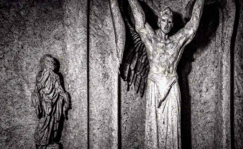 Prompt: decrepit creepy statue of the archangel gabriel staring and smirking at the camera, alone in a cavernous dark old catacomb, realistic, pitch black, depth of field, wide shot, sinister, bad lighting, foreboding, blurry, grainy photo