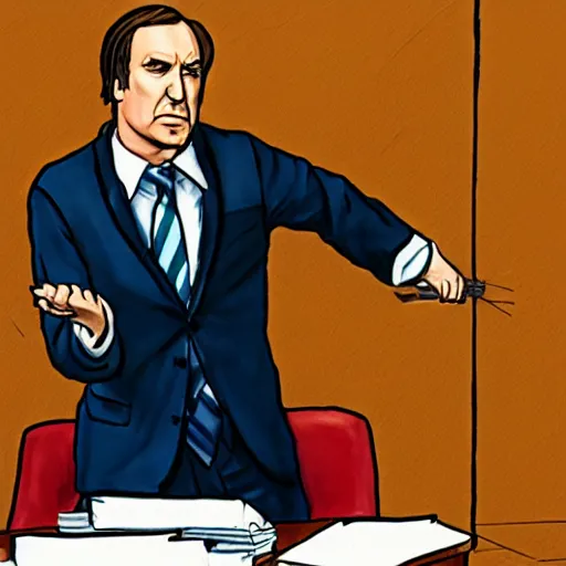 Image similar to saul goodman defending michael scorn in acourt, courtroom painting