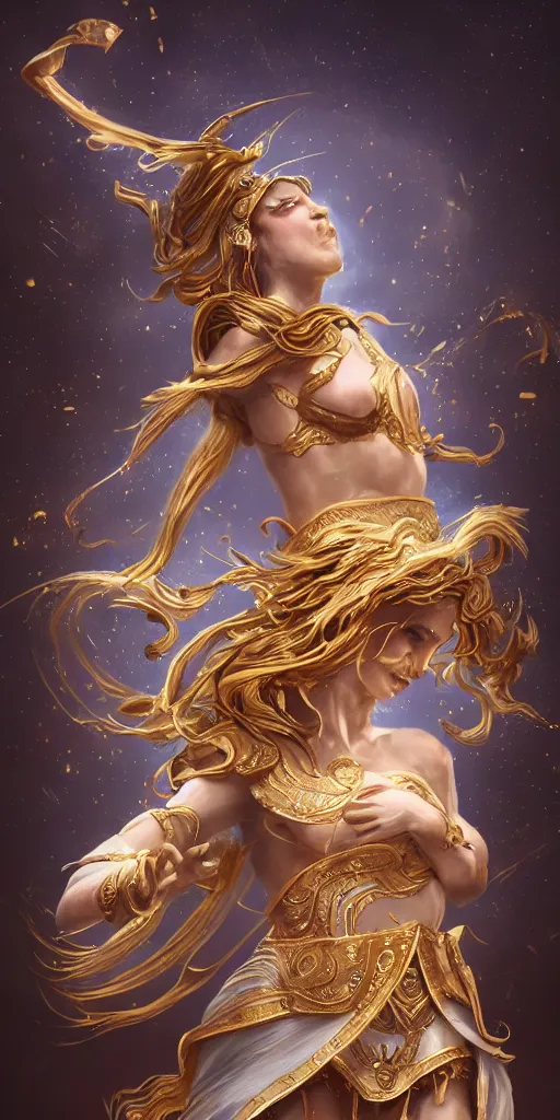 Image similar to goddess athena dancing in the wind, zodiac knight, beautiful, ethereal, gorgeous, volumetric lighting, elegant, fluid, highly detailed, digital painting, concept art, highly detailed, smooth, illustration, limited color palette, atmosphere and tension, trending on artstation