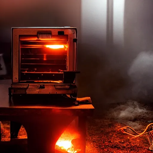 Image similar to toaster oven mecha head, dark messy smoke - filled cluttered workshop, dark, dramatic lighting, orange tint, sparks, cinematic, highly detailed, sci - fi, futuristic, movie still