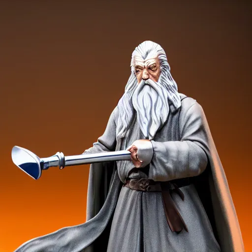Prompt: gandalf chrome figurine sitting at a lightmixer, gandalf without a hat, color studio photo, uhd 4 k, backlight, rule of thirds