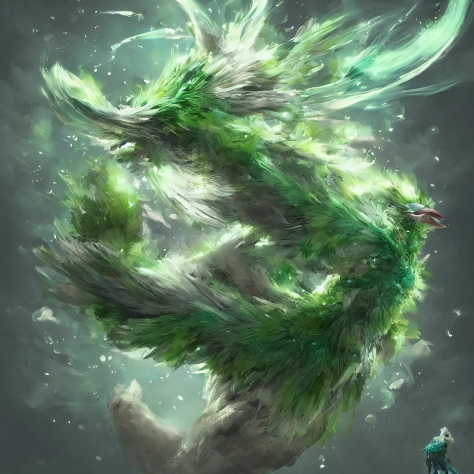 Image similar to a cute beautiful earth type pokemon, green feathers bursting out of his hair, full body shot, highly detailed digital art, 3 d perspective, award - winning illustration, aesthetic, smooth, pokemon style, made by greg rutkowski, with an alien landscape in the background