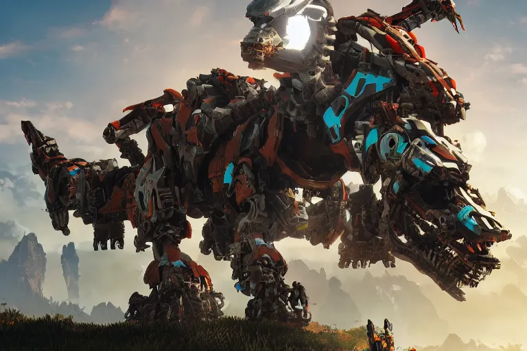 Image similar to ravager machine mecha animal beast robot of horizon forbidden west horizon zero dawn bioluminiscence global illumination ray tracing hdr fanart arstation by sung choi and eric pfeiffer and gabriel garza and casper konefal