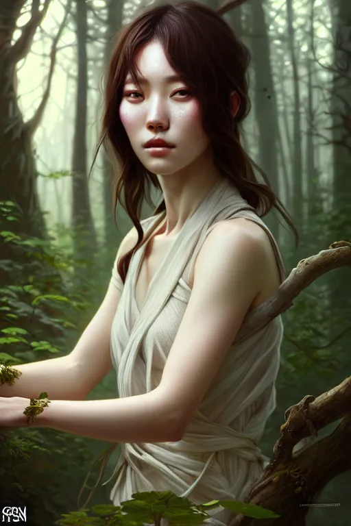 Prompt: beautiful digital painting of a hoyeon jung stylish female forest with high detail, real life skin, freckles, 8 k, stunning detail, works by artgerm, greg rutkowski and alphonse mucha, unreal engine 5, 4 k uhd