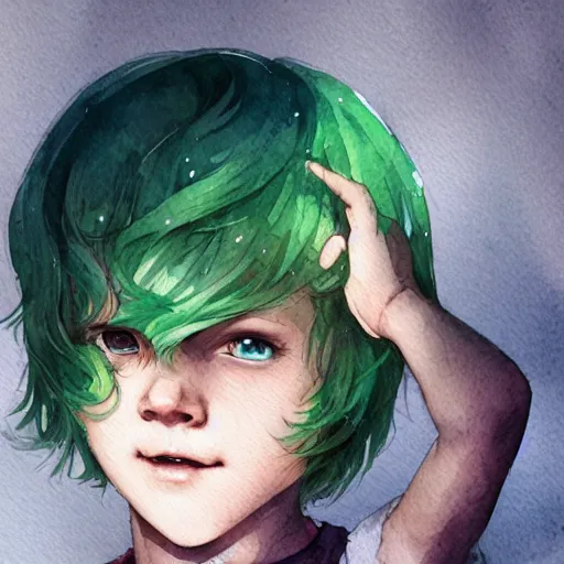 Prompt: child, young boy, green hair, short hair, happy, intricate, smiling, highly detailed, sharp focus, artstation, watercolor, by charlie bowater and ross tran