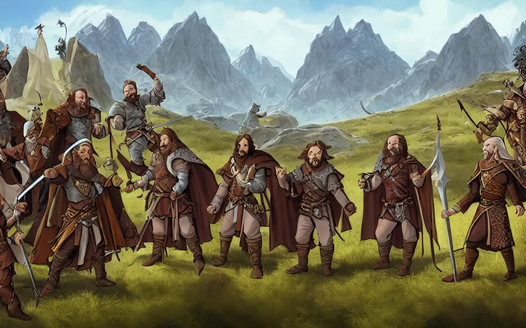 Image similar to DnD party with a wizard, knight, rogue, druid, bard, adventuring across vast rugged mountain range, long sightline, LOTR fantasy illustration