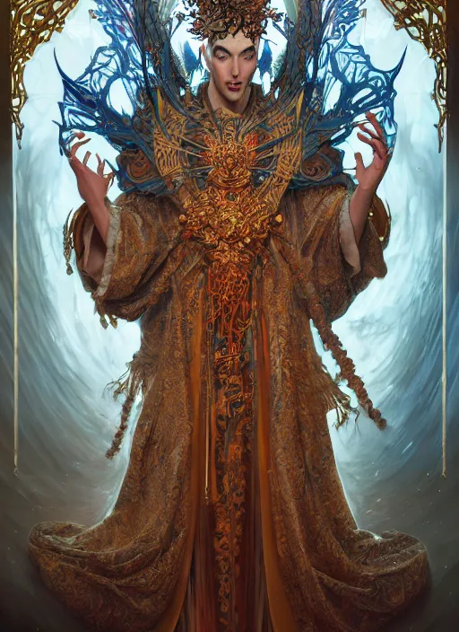 Image similar to slender high priest in a ornate heavy robe, eclesial headpiece, by james jean, karol bak, tomasz alen kopera, cgsociety and fenghua zhong, highly detailed, rim light, cinematic lighting, illustration, art, octane render, very coherent, cinematic, hyper realism, high detail, octane render, 8 k