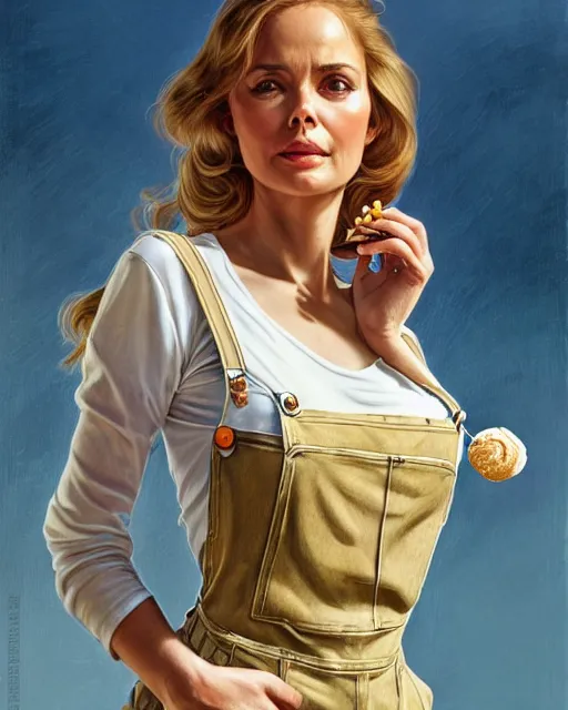 Image similar to portrait of a blonde fuller figured barbara bach from the bond film wearing dungarees and eating ice creams in porto, real life skin, intricate, elegant, highly detailed, artstation, concept art, smooth, sharp focus, art by artgerm and greg rutkowski and alphonse mucha