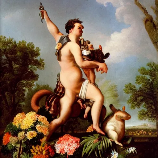 Image similar to a giant squirrel carrying napoleon bonaparte on its back, beach scene with flowers and foliage, detailed oil painting