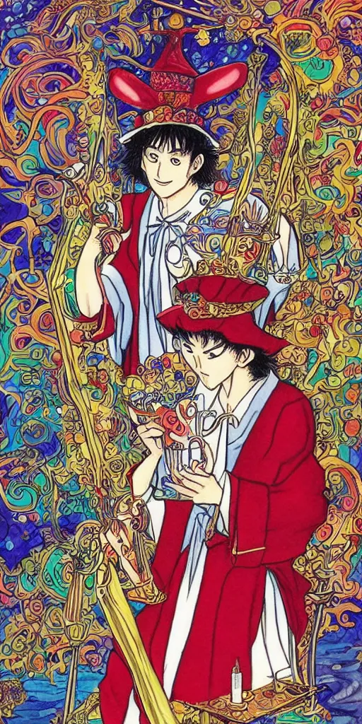 Image similar to a mystical man with a goblet on the table, wizard hat, drawn by Naoko Takeuchi, impressive line work, tarot card. tarot card the magician, psychedelic, intricate, detailed