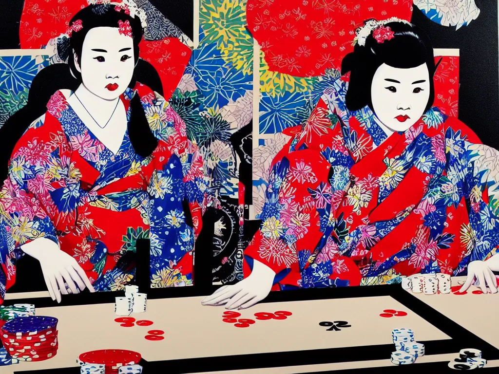 Image similar to hyperrealism composition of the detailed single woman in a japanese kimono sitting at an extremely detailed poker table with stormtrooper, fireworks, river on the background, pop - art style, jacky tsai style, andy warhol style, acrylic on canvas