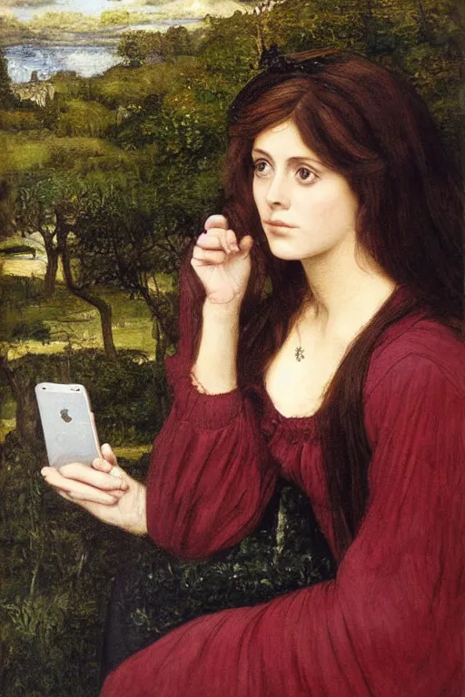 Prompt: a pre raphaelite painting of claudine longet, bored, looking at her iphone by dante gabriel rossett