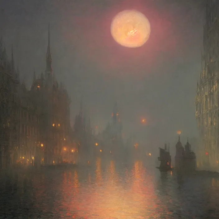 Prompt: a beautiful oil painting of a victorian gothic city, illuminated by a red moon at night by ivan aivazovsky and greg rutkowski and james gurney and frank lloyd and sung choi and monet, in style of impressionnisme. hyper detailed, sharp focus, soft light. unreal engine 5 lumen. ray tracing. trending on artstation. oil on canvas