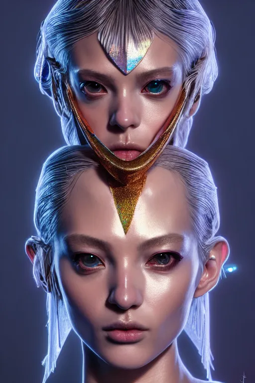 Image similar to hyperdetailed portrait of a stunningly beautiful movie 3 0 years old french movie star androgynous woman guard made of iridescent metals, shiny gems, inspired by ross tran and wlop and masamune shirow and kuvshinov, concept art, intricate, photorealistic, octane render, rtx, hdr, unreal engine, dnd digital art by artgerm