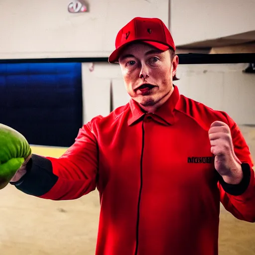 Prompt: cinematic photograph of elon musk in an avacado suit with an avacado hat, realistic, japanese mascot, in a boxing ring, 4 k, cinemqtic lighting, high quality photography, mid shot