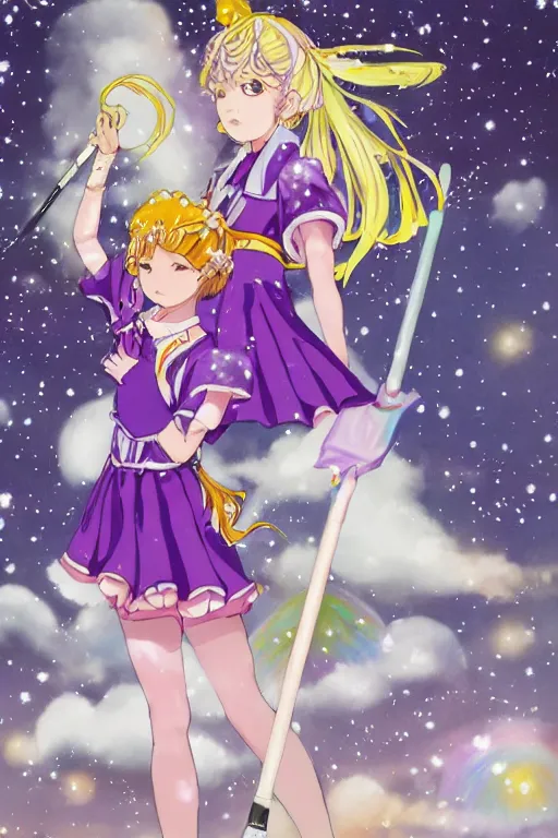 Prompt: A character sheet with a dramatic pose of an anime magical girl holding a paintbrush with short blond hair and freckles wearing an oversized purple Beret, Purple overall shorts, jester shoes, and white leggings covered in stars. Surrounded by clouds and the night sky. Rainbow accents on outfit. Card captor Sakura inspired. By Naoko Takeuchi. By CLAMP. By WLOP.