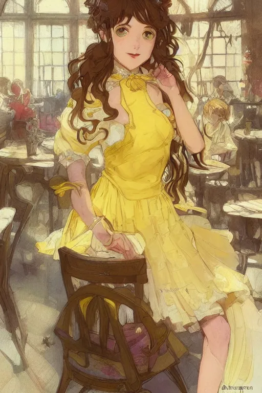 Image similar to A girl in a maid's outfit in a cafe a afternoon, wavy hair yellow theme,S line,45 angel by krenz cushart and mucha and slop and greg rutkowski