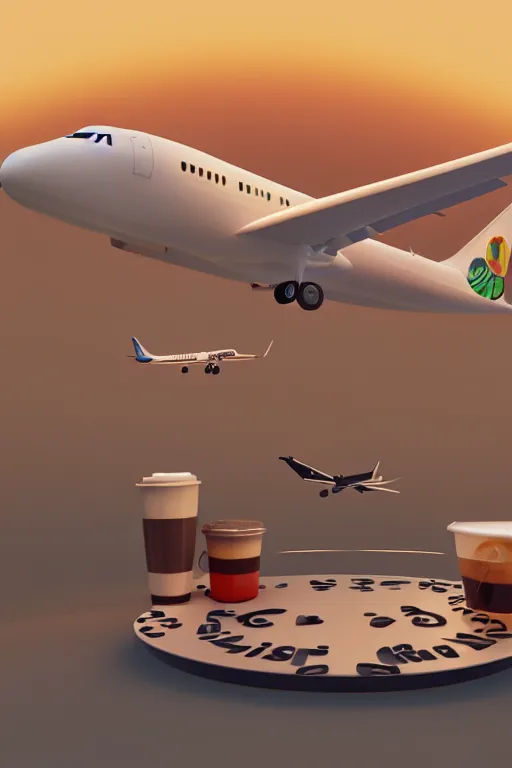 an airplane with a a cup of coffee on the top, busy Stable Diffusion