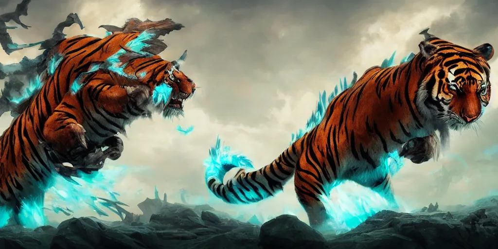 Image similar to Ghostly tiger creature made out of turquoise energy character design sheet, Monster Hunter Illustrations art book, Bright sparks, claws, huge sabertooth fangs, Moebius, Greg Rutkowski, Zabrocki, Karlkka, Jayison Devadas, Phuoc Quan, trending on Artstation, 8K, ultra wide angle, zenith view, pincushion lens effect.