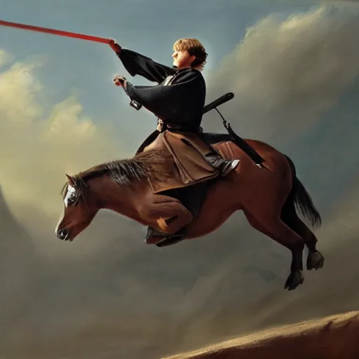 Prompt: anakin skywalker riding a pony, cinematic painting